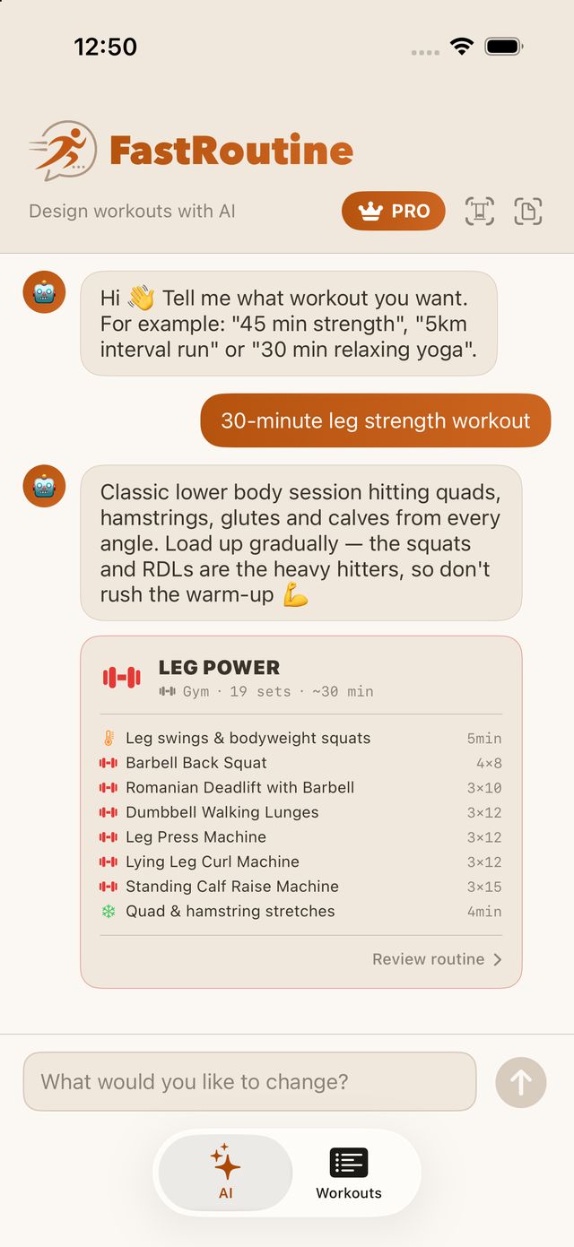 FastRoutine chat: the request “30-minute leg strength workout” and the Leg Power routine the AI returns