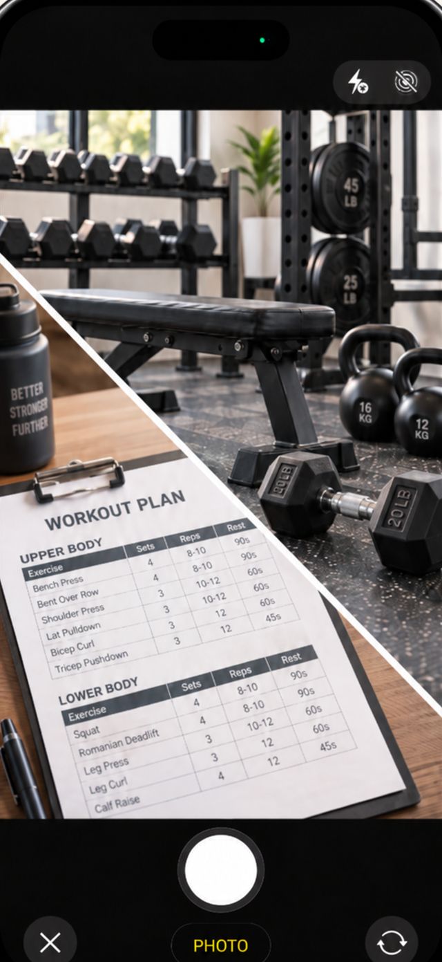 FastRoutine camera scanning a printed workout plan at the gym